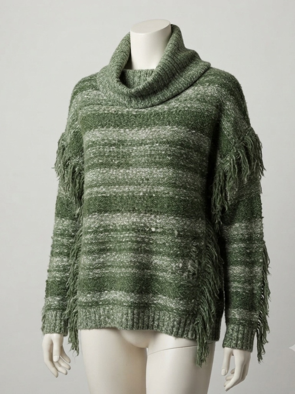Kensie Boho Green Oversized Fringe Sweater Cozy Relaxed Striped Cabincore